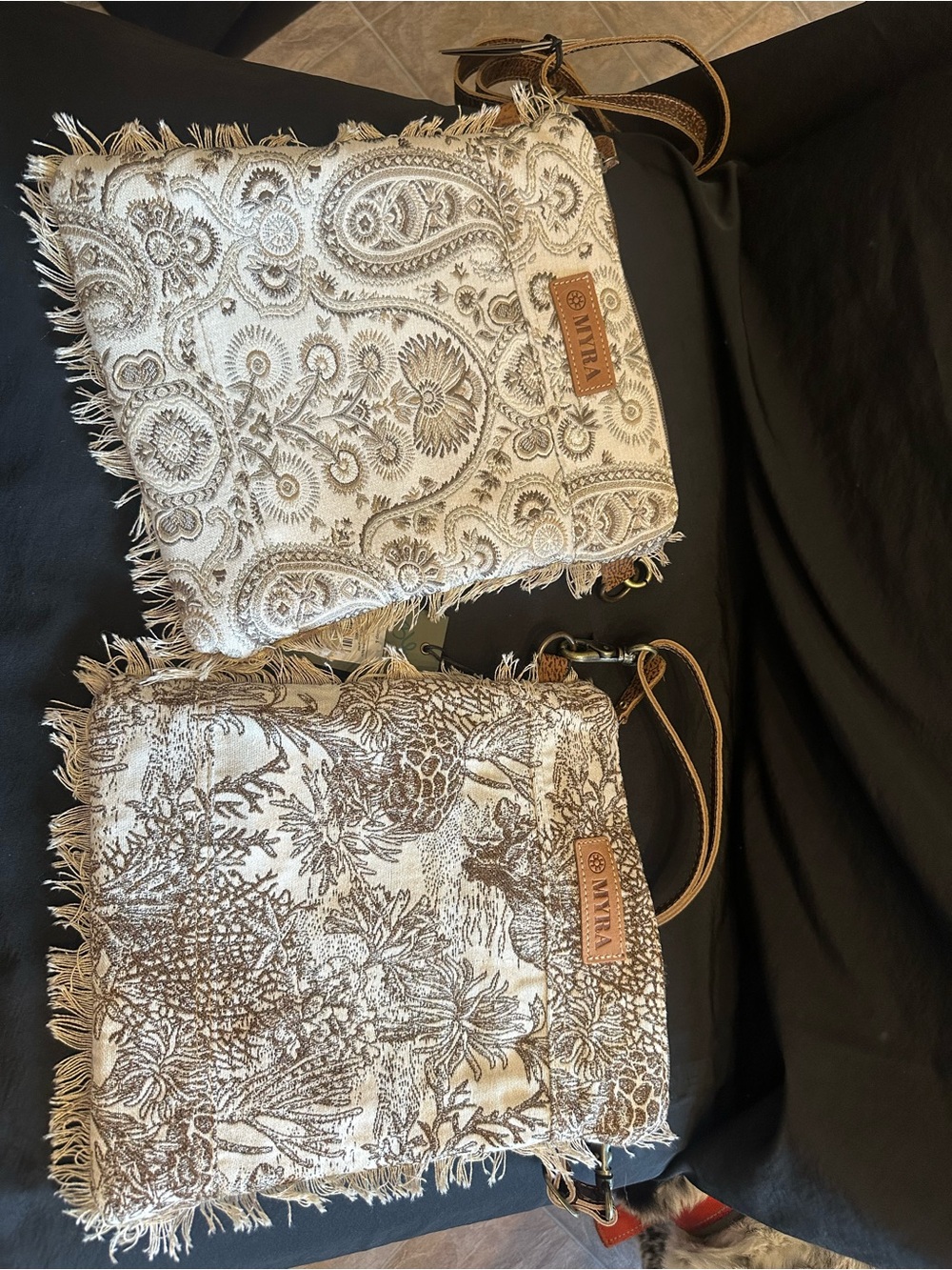 Myra Bag Beige & Brown Fringed Toile Crossbody Duo
